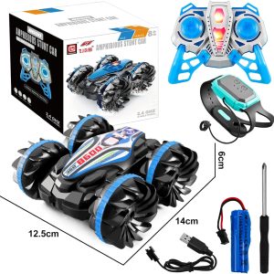off road stunt car 4wd remote control car can flexibly complete 180°flipping and 360°rotation, easily breaking through the land, sand, mud, grass or sea on the lake, sand, snow and grassland and other terrain shuttle freely. 2.4ghz dual remote control technology equipped with a watch and handle controller, 2.4ghz anti interference ultra long distance remote control technology, sensitive control, allowing multiple off road remote control cars to race in pools or lakes at the same time. rechargeable battery comes with two rechargeable 800mah batteries and screwdriver for 30 minutes on a single battery. equipped with a charging cable can provide anytime charging. with its powerful built in engine, it can reach a top speed of 12km/h (7.5mph) in a very short time. durable material & waterproof design made of high quality abs and non toxic pvc material, with excellent anti drop, shockproof, waterproof . sturdy and durable outdoor toys suitable for children. perfect pool toys gift double sided waterproof all terrain remote control car is the perfect gift for children ages 6 12, teens and even adults for birthdays, easter or other holidays.