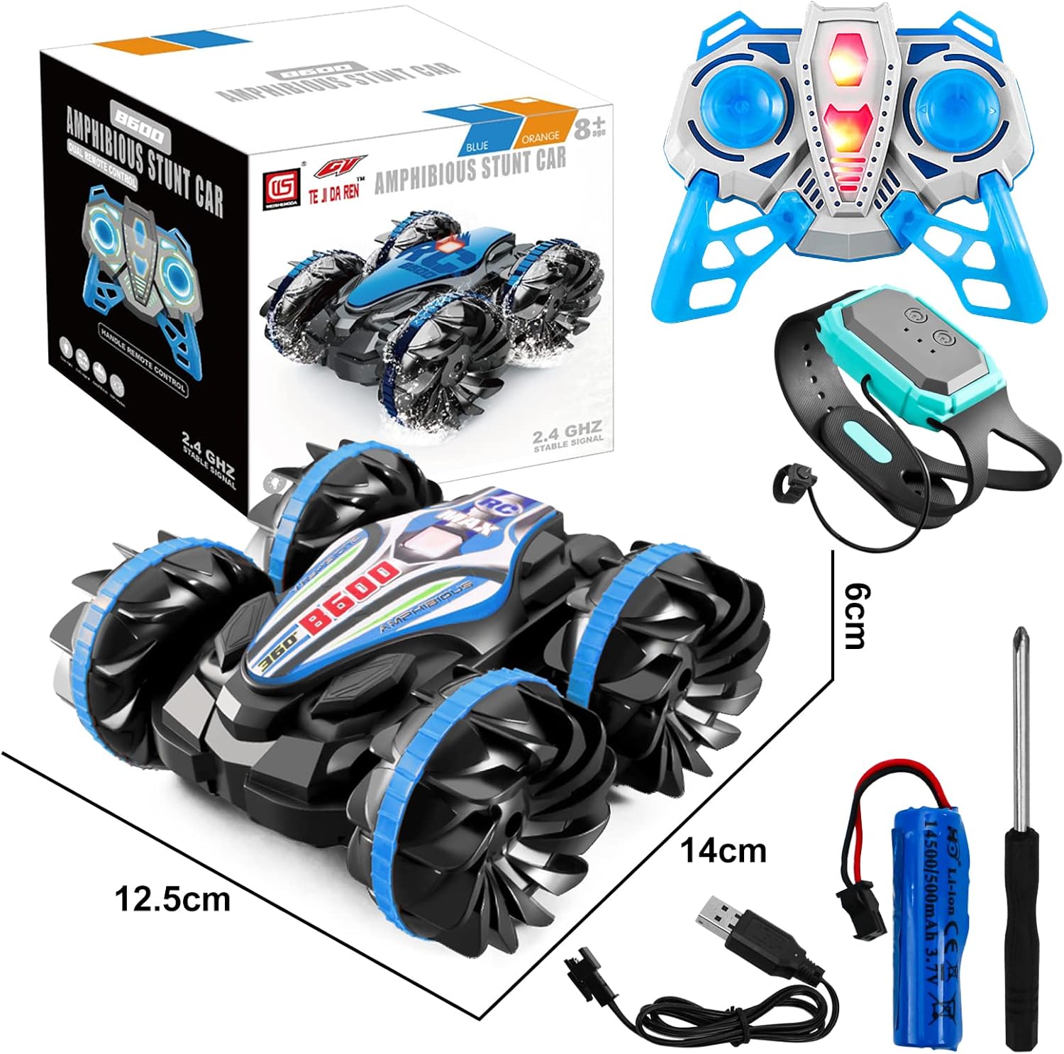 off road stunt car 4wd remote control car can flexibly complete 180°flipping and 360°rotation, easily breaking through the land, sand, mud, grass or sea on the lake, sand, snow and grassland and other terrain shuttle freely. 2.4ghz dual remote control technology equipped with a watch and handle controller, 2.4ghz anti interference ultra long distance remote control technology, sensitive control, allowing multiple off road remote control cars to race in pools or lakes at the same time. rechargeable battery comes with two rechargeable 800mah batteries and screwdriver for 30 minutes on a single battery. equipped with a charging cable can provide anytime charging. with its powerful built in engine, it can reach a top speed of 12km/h (7.5mph) in a very short time. durable material & waterproof design made of high quality abs and non toxic pvc material, with excellent anti drop, shockproof, waterproof . sturdy and durable outdoor toys suitable for children. perfect pool toys gift double sided waterproof all terrain remote control car is the perfect gift for children ages 6 12, teens and even adults for birthdays, easter or other holidays. off road stunt car 4wd remote control car can flexibly complete 180°flipping and 360°rotation, easily breaking through the land, sand, mud, grass or sea on the lake, sand, snow and grassland and other terrain shuttle freely. 2.4ghz dual remote control technology equipped with a watch and handle controller, 2.4ghz anti interference ultra long distance remote control technology, sensitive control, allowing multiple off road remote control cars to race in pools or lakes at the same time. rechargeable battery comes with two rechargeable 800mah batteries and screwdriver for 30 minutes on a single battery. equipped with a charging cable can provide anytime charging. with its powerful built in engine, it can reach a top speed of 12km/h (7.5mph) in a very short time. durable material & waterproof design made of high quality abs and non toxic pvc material, with excellent anti drop, shockproof, waterproof . sturdy and durable outdoor toys suitable for children. perfect pool toys gift double sided waterproof all terrain remote control car is the perfect gift for children ages 6 12, teens and even adults for birthdays, easter or other holidays.