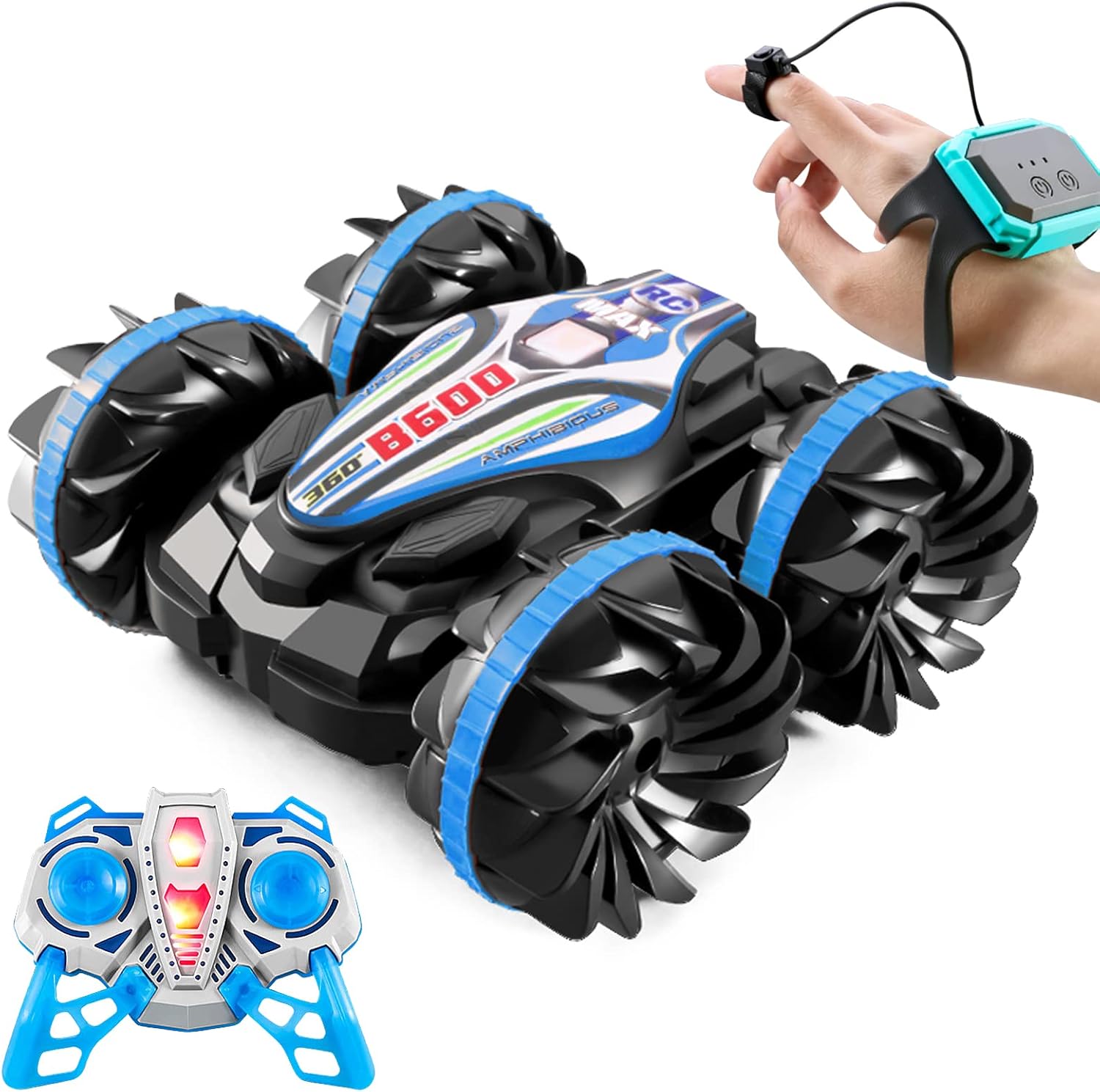 off road stunt car 4wd remote control car can flexibly complete 180°flipping and 360°rotation, easily breaking through the land, sand, mud, grass or sea on the lake, sand, snow and grassland and other terrain shuttle freely. 2.4ghz dual remote control technology equipped with a watch and handle controller, 2.4ghz anti interference ultra long distance remote control technology, sensitive control, allowing multiple off road remote control cars to race in pools or lakes at the same time. rechargeable battery comes with two rechargeable 800mah batteries and screwdriver for 30 minutes on a single battery. equipped with a charging cable can provide anytime charging. with its powerful built in engine, it can reach a top speed of 12km/h (7.5mph) in a very short time. durable material & waterproof design made of high quality abs and non toxic pvc material, with excellent anti drop, shockproof, waterproof . sturdy and durable outdoor toys suitable for children. perfect pool toys gift double sided waterproof all terrain remote control car is the perfect gift for children ages 6 12, teens and even adults for birthdays, easter or other holidays. off road stunt car 4wd remote control car can flexibly complete 180°flipping and 360°rotation, easily breaking through the land, sand, mud, grass or sea on the lake, sand, snow and grassland and other terrain shuttle freely. 2.4ghz dual remote control technology equipped with a watch and handle controller, 2.4ghz anti interference ultra long distance remote control technology, sensitive control, allowing multiple off road remote control cars to race in pools or lakes at the same time. rechargeable battery comes with two rechargeable 800mah batteries and screwdriver for 30 minutes on a single battery. equipped with a charging cable can provide anytime charging. with its powerful built in engine, it can reach a top speed of 12km/h (7.5mph) in a very short time. durable material & waterproof design made of high quality abs and non toxic pvc material, with excellent anti drop, shockproof, waterproof . sturdy and durable outdoor toys suitable for children. perfect pool toys gift double sided waterproof all terrain remote control car is the perfect gift for children ages 6 12, teens and even adults for birthdays, easter or other holidays.