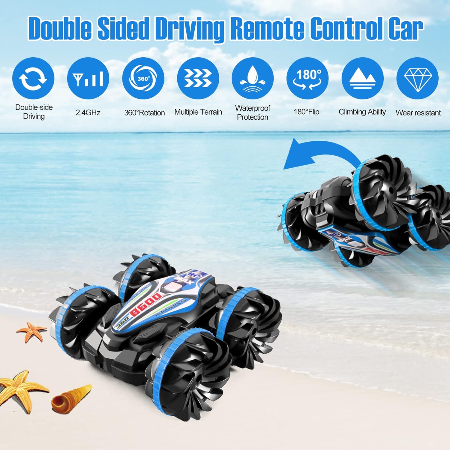off road stunt car 4wd remote control car can flexibly complete 180°flipping and 360°rotation, easily breaking through the land, sand, mud, grass or sea on the lake, sand, snow and grassland and other terrain shuttle freely. 2.4ghz dual remote control technology equipped with a watch and handle controller, 2.4ghz anti interference ultra long distance remote control technology, sensitive control, allowing multiple off road remote control cars to race in pools or lakes at the same time. rechargeable battery comes with two rechargeable 800mah batteries and screwdriver for 30 minutes on a single battery. equipped with a charging cable can provide anytime charging. with its powerful built in engine, it can reach a top speed of 12km/h (7.5mph) in a very short time. durable material & waterproof design made of high quality abs and non toxic pvc material, with excellent anti drop, shockproof, waterproof . sturdy and durable outdoor toys suitable for children. perfect pool toys gift double sided waterproof all terrain remote control car is the perfect gift for children ages 6 12, teens and even adults for birthdays, easter or other holidays. off road stunt car 4wd remote control car can flexibly complete 180°flipping and 360°rotation, easily breaking through the land, sand, mud, grass or sea on the lake, sand, snow and grassland and other terrain shuttle freely. 2.4ghz dual remote control technology equipped with a watch and handle controller, 2.4ghz anti interference ultra long distance remote control technology, sensitive control, allowing multiple off road remote control cars to race in pools or lakes at the same time. rechargeable battery comes with two rechargeable 800mah batteries and screwdriver for 30 minutes on a single battery. equipped with a charging cable can provide anytime charging. with its powerful built in engine, it can reach a top speed of 12km/h (7.5mph) in a very short time. durable material & waterproof design made of high quality abs and non toxic pvc material, with excellent anti drop, shockproof, waterproof . sturdy and durable outdoor toys suitable for children. perfect pool toys gift double sided waterproof all terrain remote control car is the perfect gift for children ages 6 12, teens and even adults for birthdays, easter or other holidays.