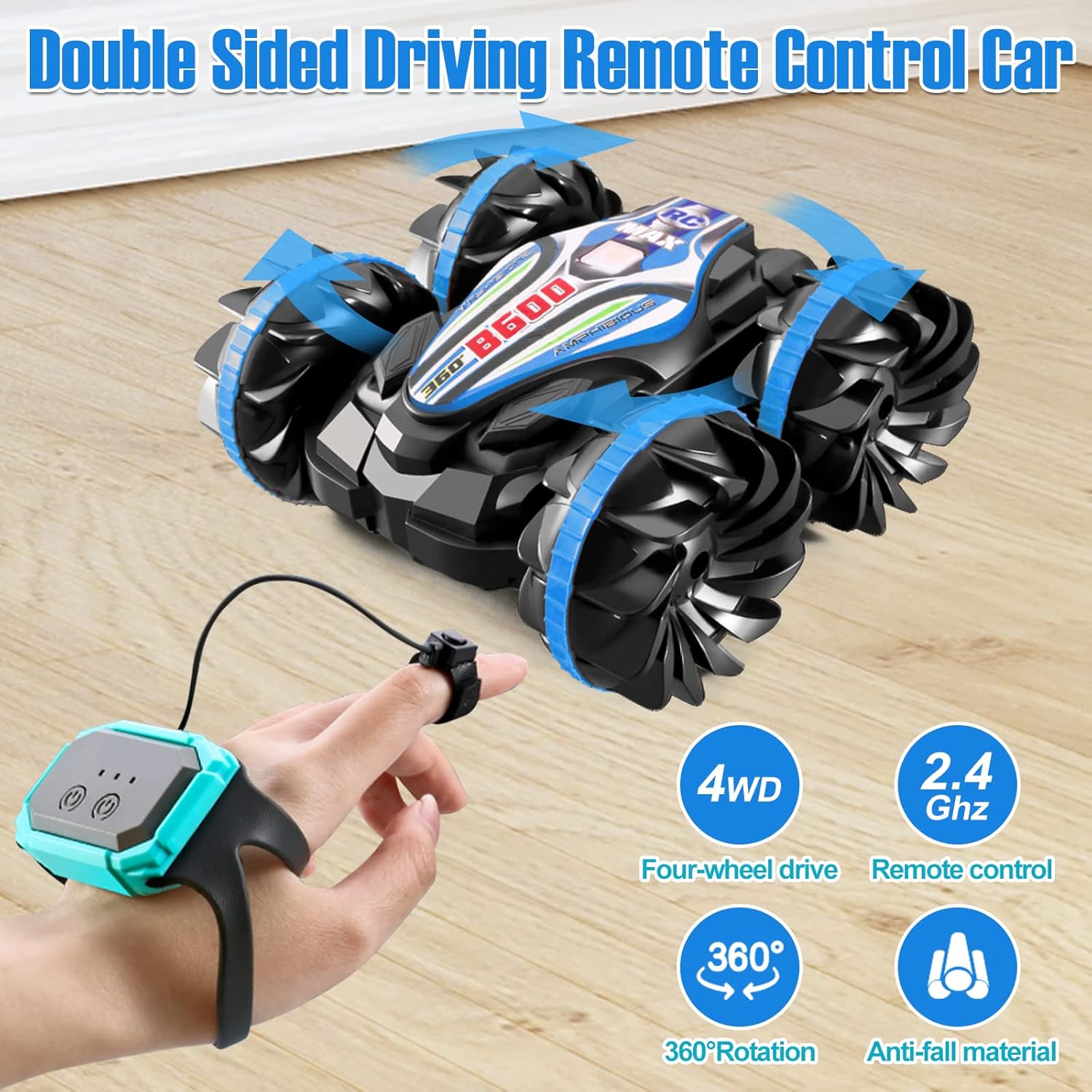 off road stunt car 4wd remote control car can flexibly complete 180°flipping and 360°rotation, easily breaking through the land, sand, mud, grass or sea on the lake, sand, snow and grassland and other terrain shuttle freely. 2.4ghz dual remote control technology equipped with a watch and handle controller, 2.4ghz anti interference ultra long distance remote control technology, sensitive control, allowing multiple off road remote control cars to race in pools or lakes at the same time. rechargeable battery comes with two rechargeable 800mah batteries and screwdriver for 30 minutes on a single battery. equipped with a charging cable can provide anytime charging. with its powerful built in engine, it can reach a top speed of 12km/h (7.5mph) in a very short time. durable material & waterproof design made of high quality abs and non toxic pvc material, with excellent anti drop, shockproof, waterproof . sturdy and durable outdoor toys suitable for children. perfect pool toys gift double sided waterproof all terrain remote control car is the perfect gift for children ages 6 12, teens and even adults for birthdays, easter or other holidays. off road stunt car 4wd remote control car can flexibly complete 180°flipping and 360°rotation, easily breaking through the land, sand, mud, grass or sea on the lake, sand, snow and grassland and other terrain shuttle freely. 2.4ghz dual remote control technology equipped with a watch and handle controller, 2.4ghz anti interference ultra long distance remote control technology, sensitive control, allowing multiple off road remote control cars to race in pools or lakes at the same time. rechargeable battery comes with two rechargeable 800mah batteries and screwdriver for 30 minutes on a single battery. equipped with a charging cable can provide anytime charging. with its powerful built in engine, it can reach a top speed of 12km/h (7.5mph) in a very short time. durable material & waterproof design made of high quality abs and non toxic pvc material, with excellent anti drop, shockproof, waterproof . sturdy and durable outdoor toys suitable for children. perfect pool toys gift double sided waterproof all terrain remote control car is the perfect gift for children ages 6 12, teens and even adults for birthdays, easter or other holidays.