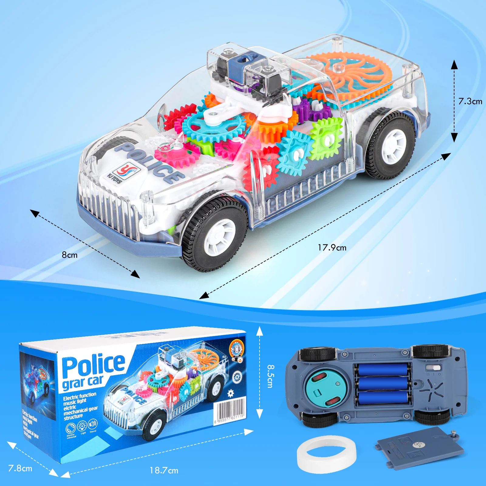 🚓⚙️ electric transparent police gear car – 360° rotating stunt patrol! 🚓⚙️ electric transparent police gear car – 360° rotating stunt patrol!