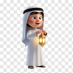 smiling arabic boy in traditional white thawb holding golden ...